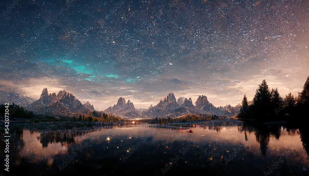 星光闪烁的夜晚，美丽的山脉和湖泊的壮观自然背景，