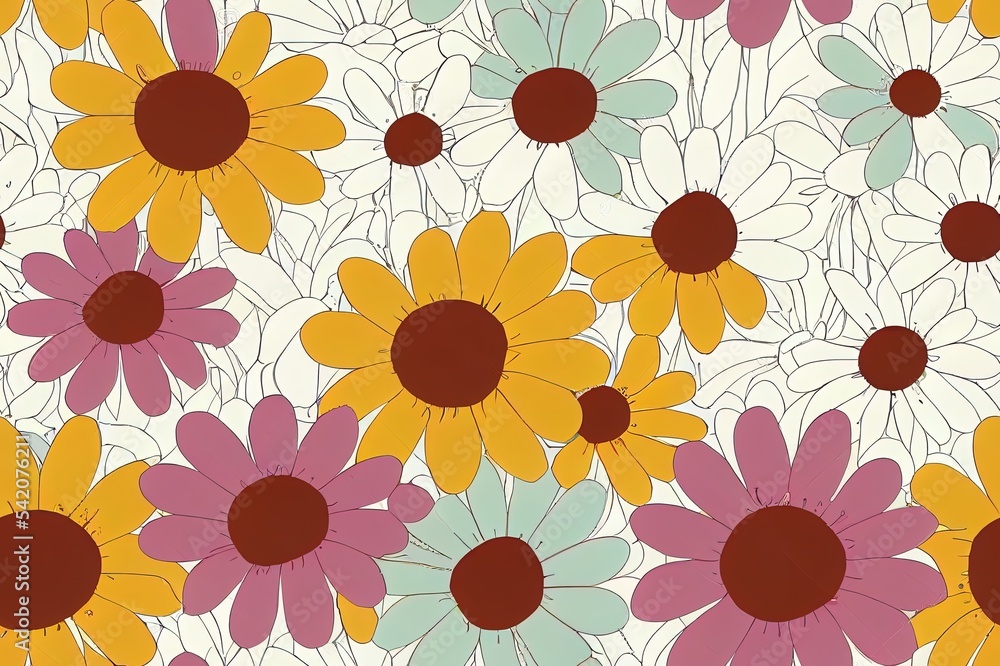 复古多色Naive Floral Daisy 2d插图无缝图案，白色隔离。Groovy flo