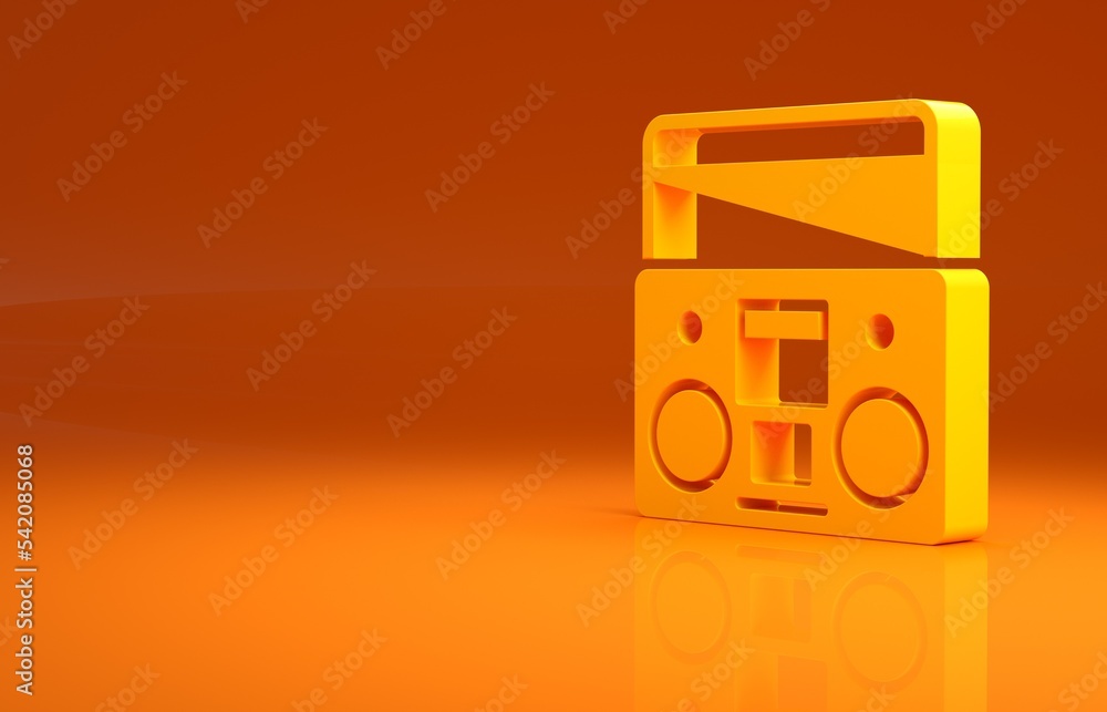黄色家用立体声音响，两个扬声器图标隔离在橙色背景上。音乐系统。极简主义合作