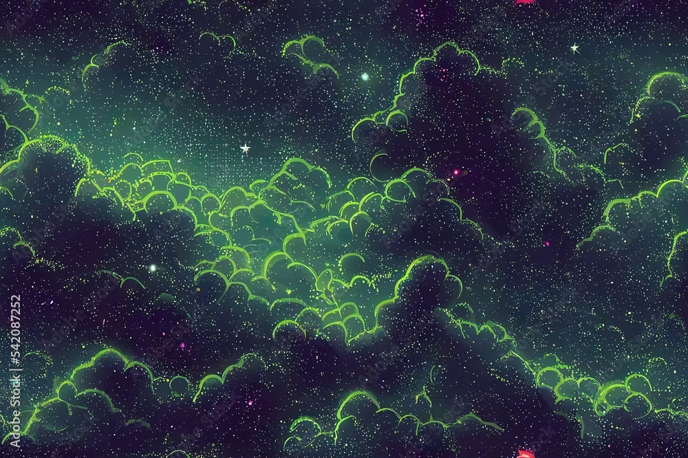 星空和湍流的云层抽象背景。无缝的2d插图图案，风格为