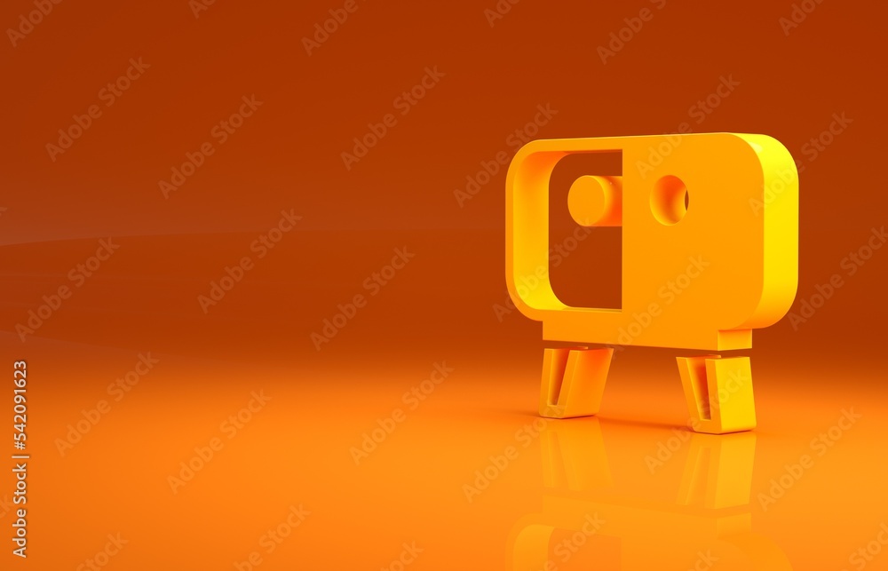 黄色电视桌架图标隔离在橙色背景上。极简主义概念。3d插图3d人