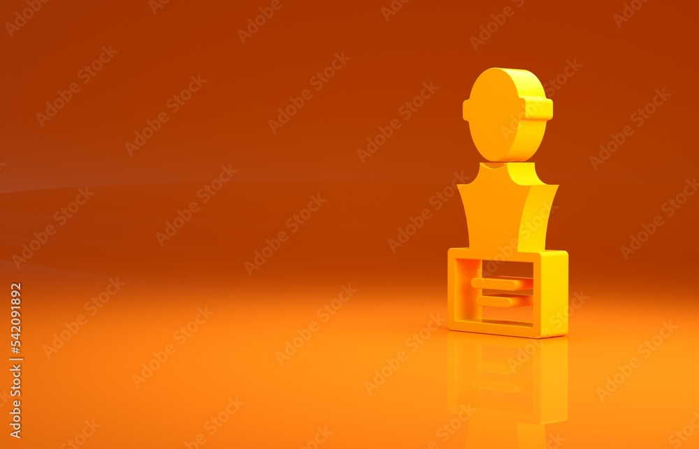 黄色石膏头像雕塑半身像，背景为橙色。极简主义理念。3d插图