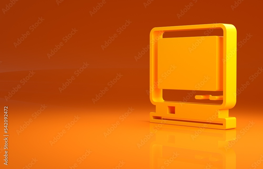 黄色复古电视图标隔离在橙色背景上。电视标志。极简主义概念。3d插图