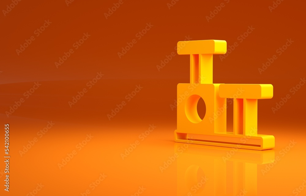 黄色猫抓杆，玩具图标隔离在橙色背景上。极简主义概念。3d插图