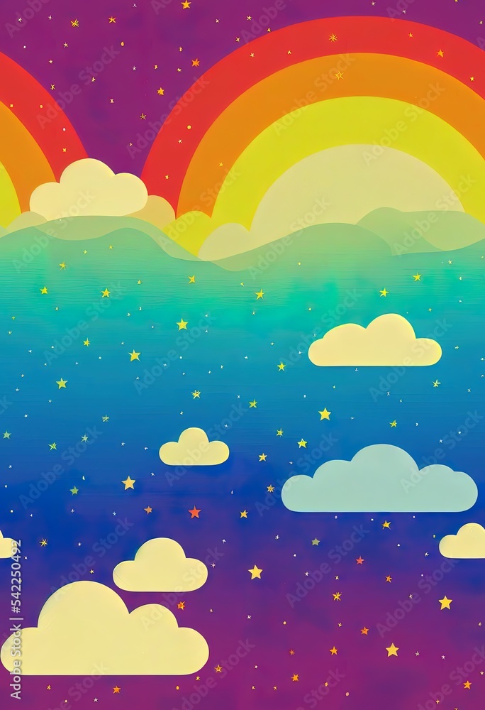 彩虹、太阳、雨云、月亮和星星的彩色婴儿图案。天空背景。2d插图