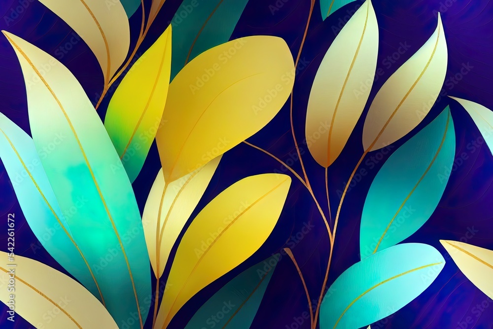 蓝色、绿色、金色、紫色的热带彩叶。手绘三维插图。花朵接缝