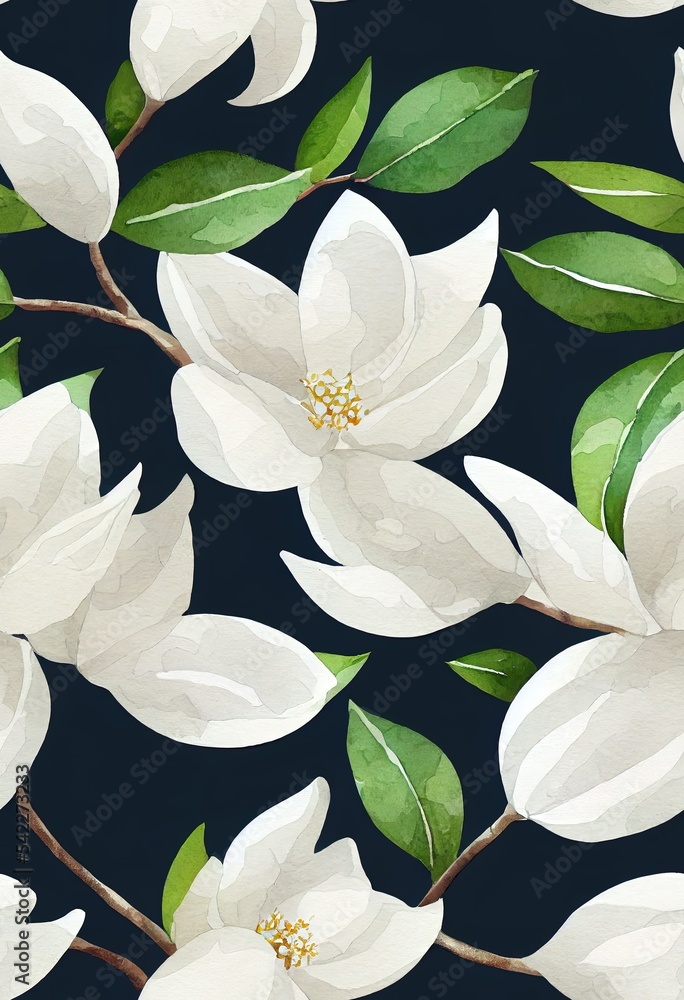 美丽的无缝图案，带有手绘水彩白色木兰花。库存插图。