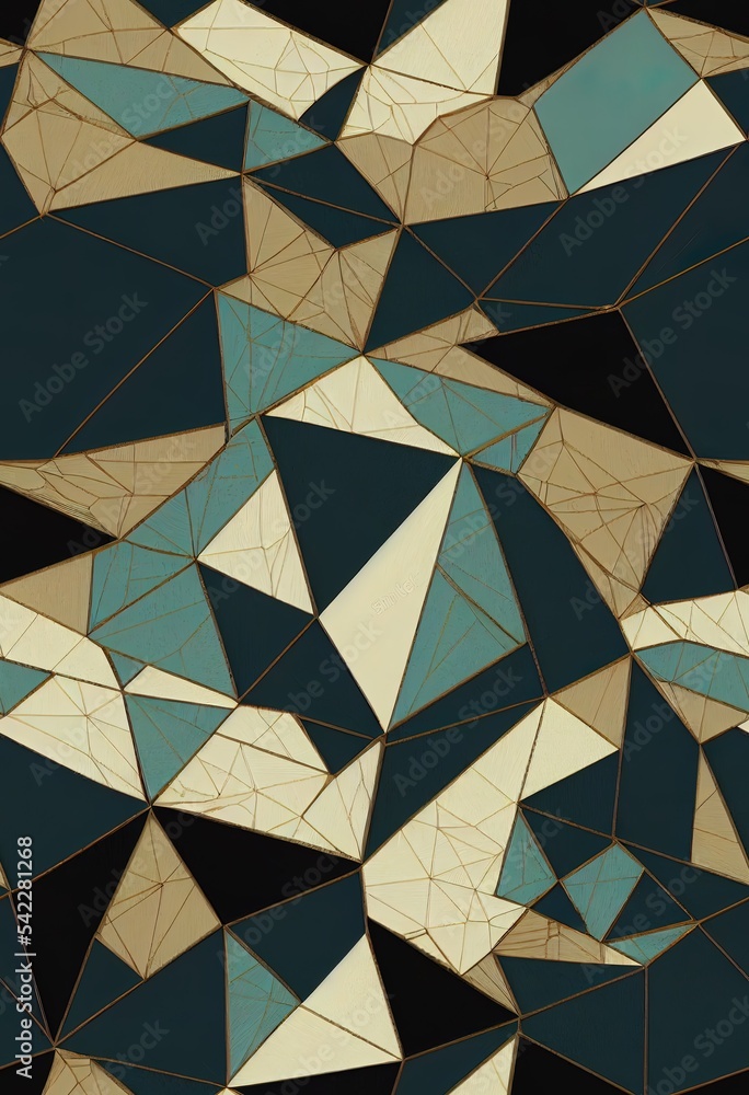 3D插图。黑色木材和深色木材形状的几何无缝3D图案，蓝色金属dec