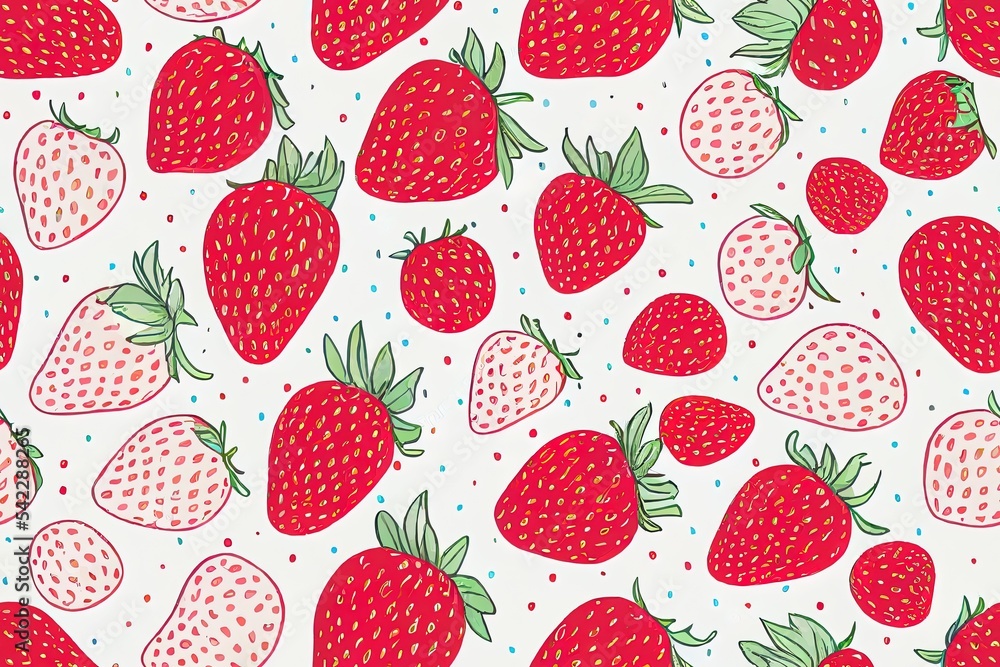 草莓图案，彩色无缝2d插图图案，带有可爱的手绘夏季浆果，