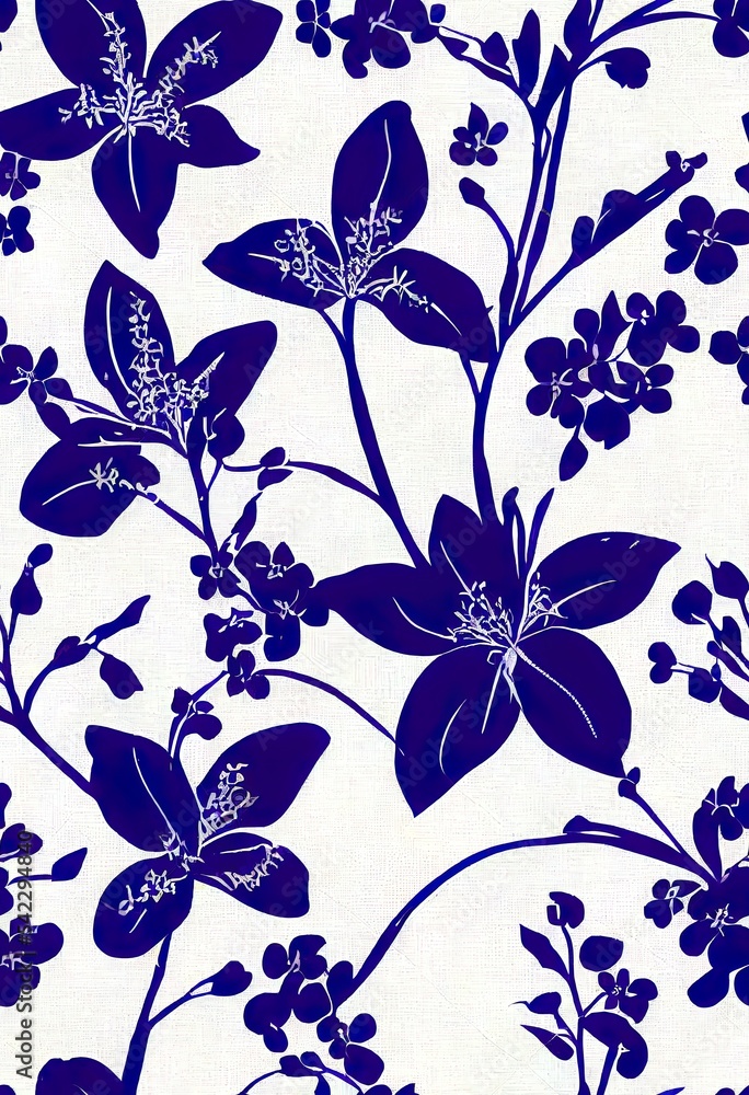 朴素的花卉画。复古风格的盛开的淡紫色花朵的剪影。优雅的无缝博坦