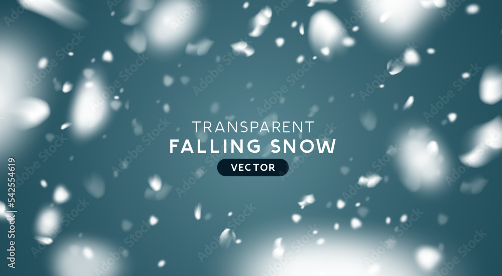 伪造的冬季雪花，逼真的透明降雪效果背景。矢量插图。