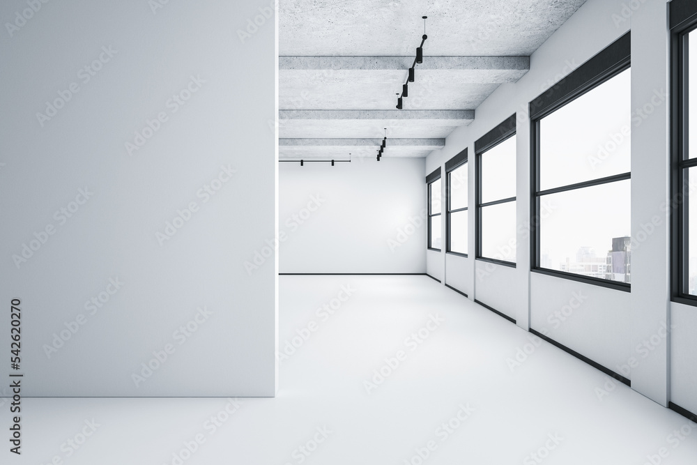现代宽敞的白色混凝土画廊内部，墙壁、窗户和城市v上有空白模型