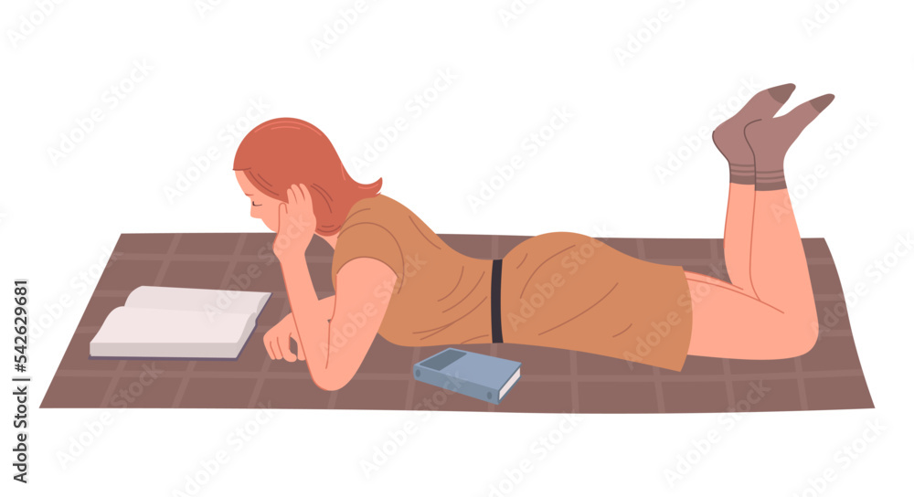 Girl in a dress reading a book lying on the floor. Education hobby concept vector illustration 