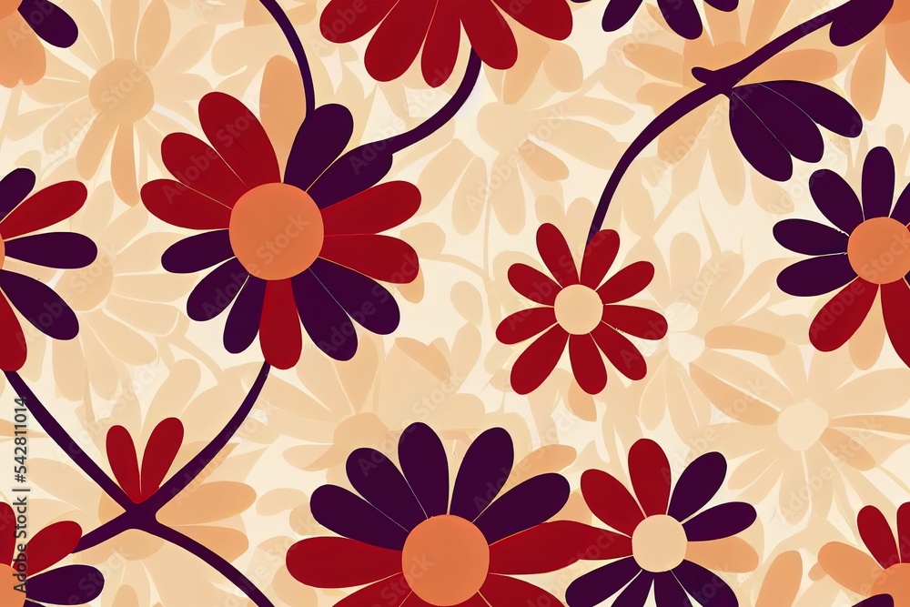 复古多色棋盘钉花卉雏菊2d插图无缝图案。Groovy花朵b
