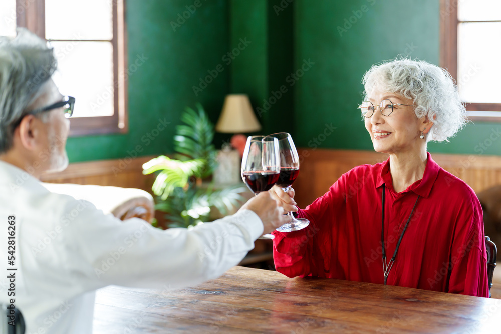ワインで乾杯をするシニアカップル