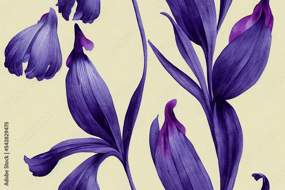 seamless watercolor floral pattern with irises and leaves