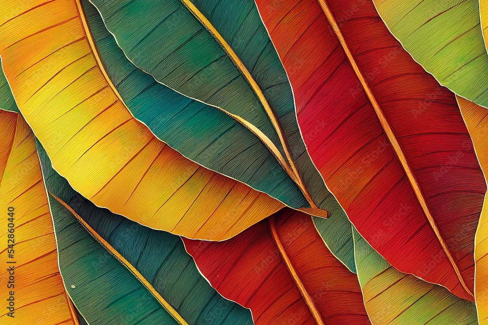 热带复古树叶彩色无缝图案插图。异国情调的棕榈叶元素，植物