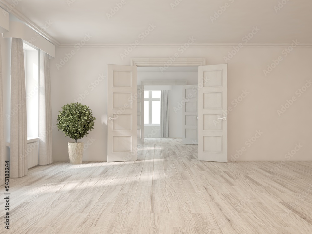 白色空房间，带绿色家居植物和敞开的房门。斯堪的纳维亚室内设计。3D插图
