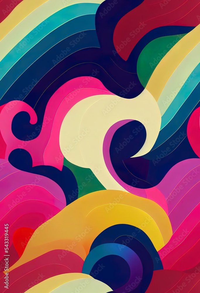 复古60年代风格彩虹无缝图案，带有粉彩条纹。彩色波浪卡通背景