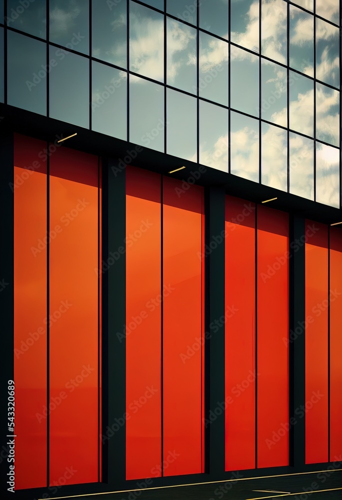 空楼层，现代建筑，红色玻璃窗和凹凸形状设计的钢外墙。3d