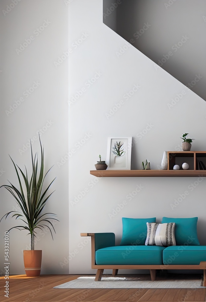 现代波西米亚风格的客厅室内风格。空墙模型。墙壁艺术。墙壁背景。三维渲染，
