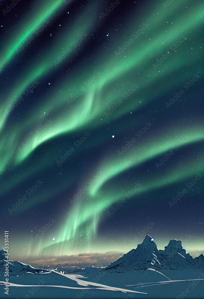 极地星空中的北极光，美丽神秘世界的3d渲染