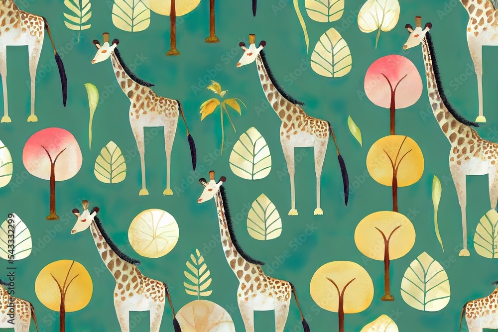 非洲动物和自然元素的水彩作品。长颈鹿、猴子、斑马、棕榈树