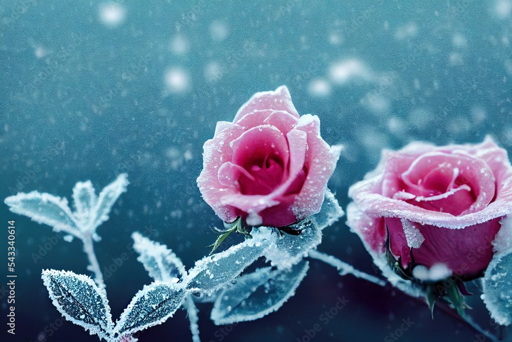 美丽的粉色玫瑰和蝴蝶在雪和霜中，蓝色和粉色背景。下雪。艺术