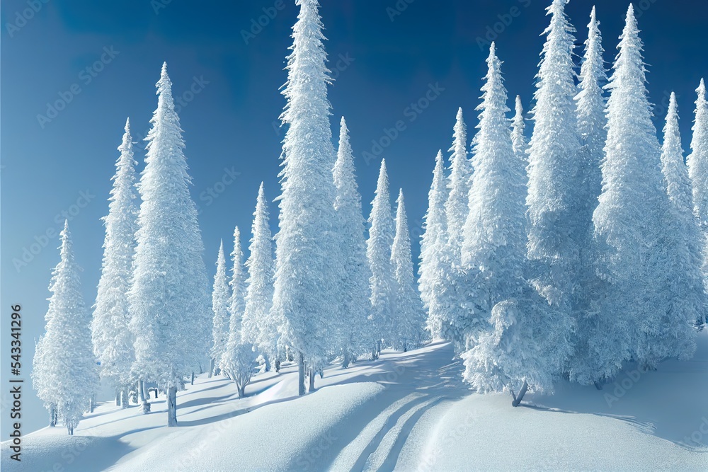 阿尔卑斯山的白树被新鲜的雪覆盖，明信片般的冬季景观。