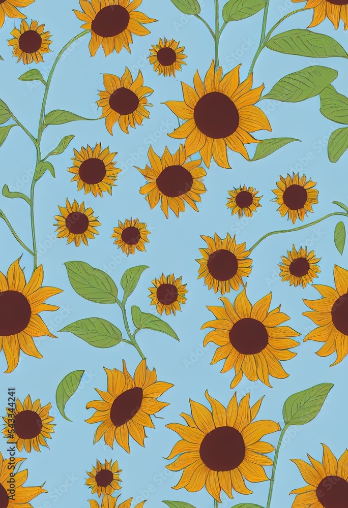 薄荷蓝背景上手工绘制的向日葵。自然的黄橙色花朵在无缝的pa中