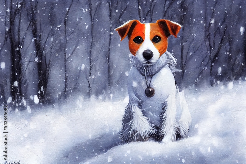 可爱的杰克罗素犬穿着外套站在雪山上。大自然中的宠物和运动。冬季海洋