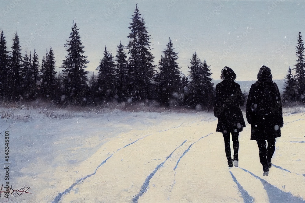 一对年轻夫妇在一棵古老的大松树附近的雪地上奔跑
