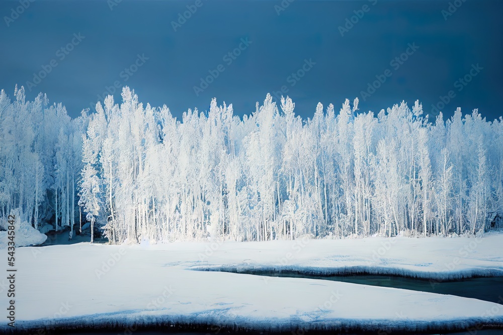 冰冻河流的冬季森林边缘——典型的瑞典北部景观——桦树和云杉覆盖b
