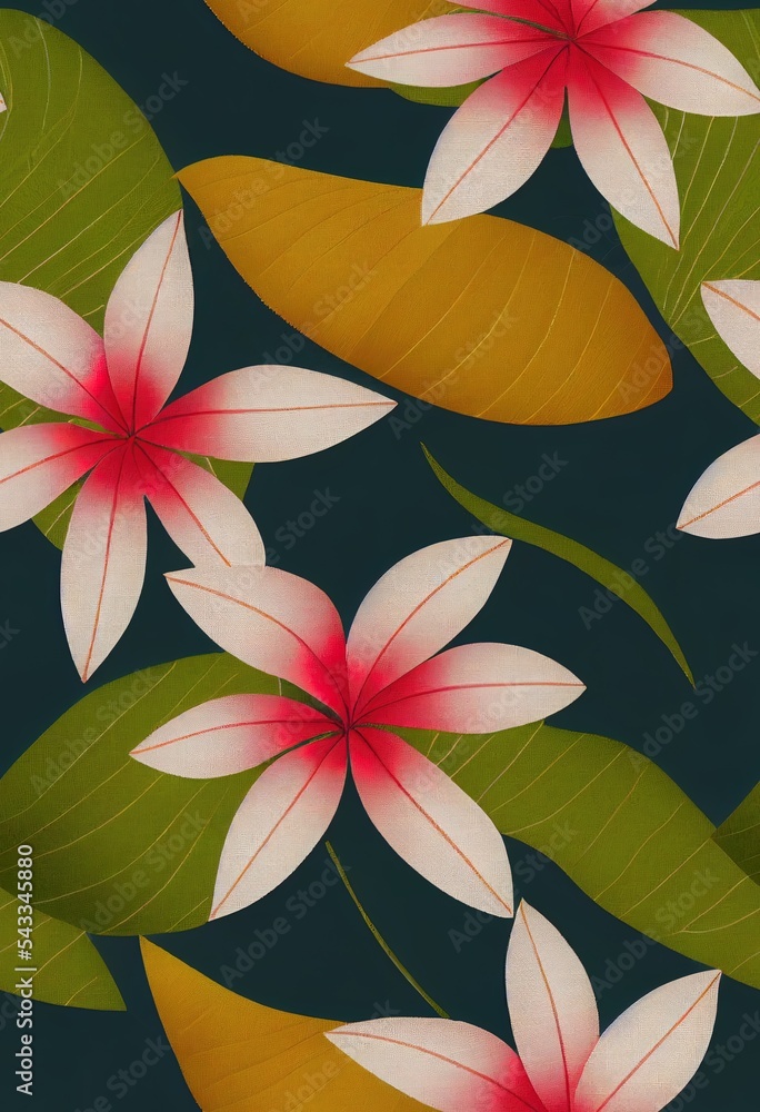 无缝热带花卉水果图案，植物叶，纺织面料，夏季