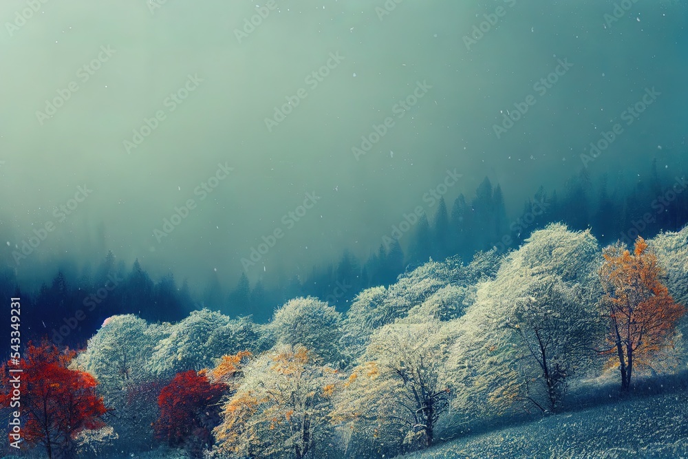 秋天的风景摄影，第一场雪落在山灰的树枝上，大气公关