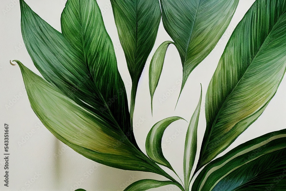 墙壁石膏风格的热带树叶图。