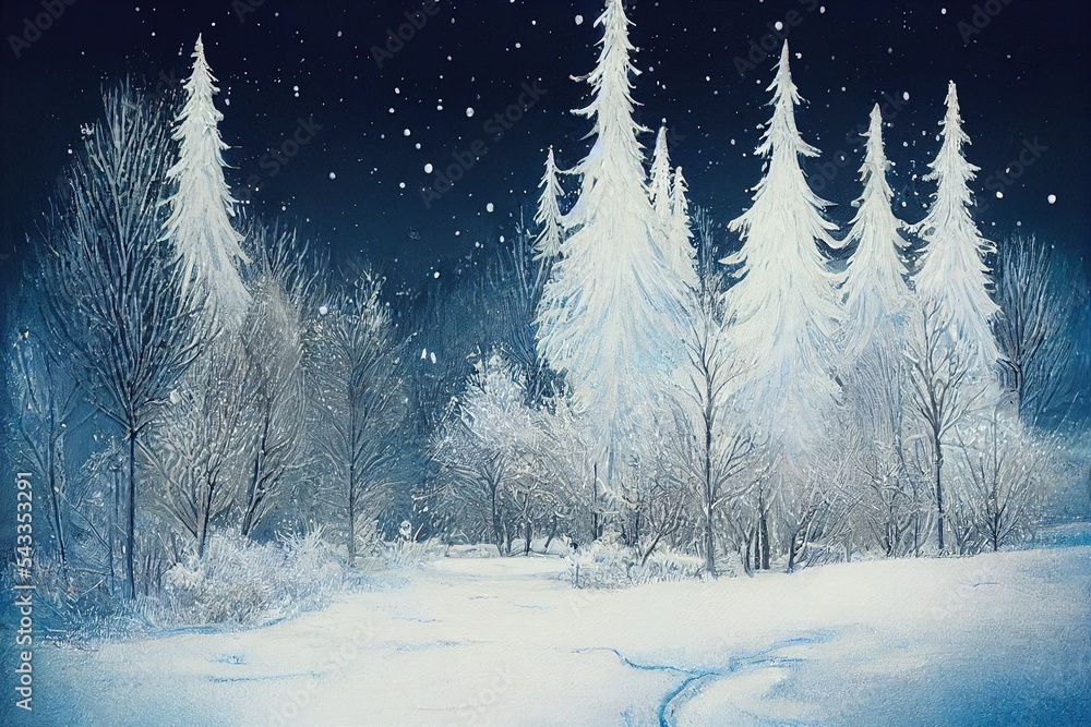 冬季卡片设计。户外美丽蓬松的雪和冷杉树