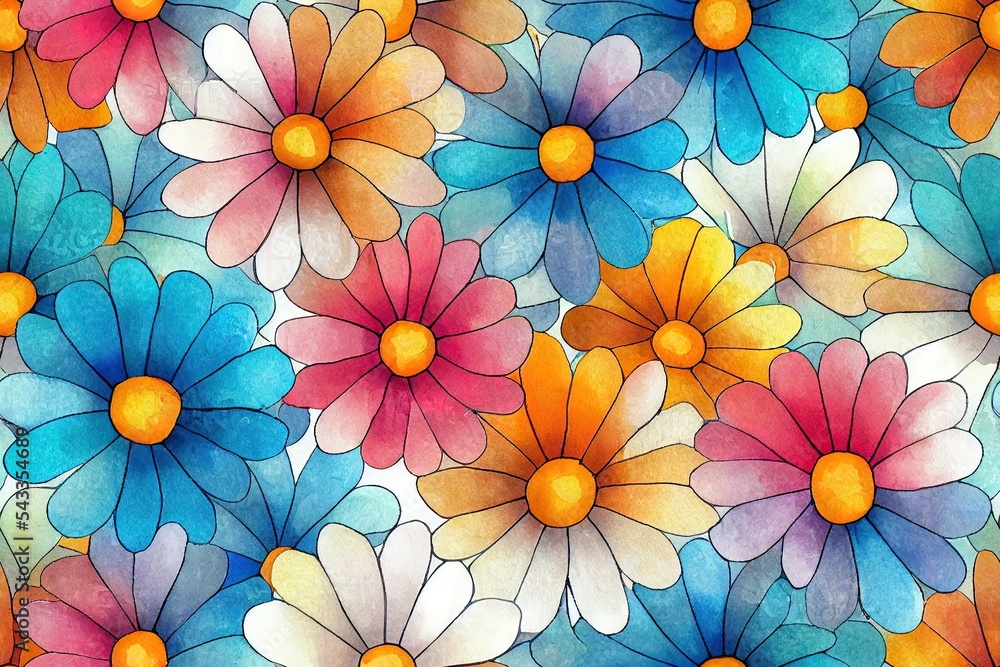 数字印刷纺织品图案壁纸彩色花朵，水彩背景插图