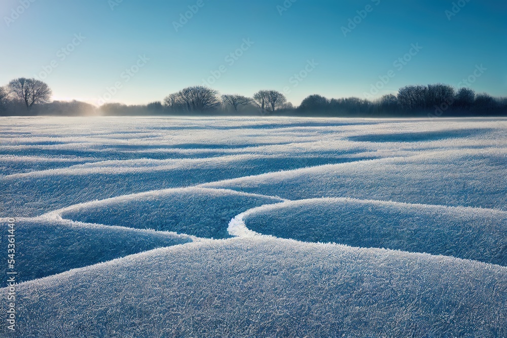 美丽的蓝天和蓬松的白色背景下，覆盖着白霜的冰冻草地