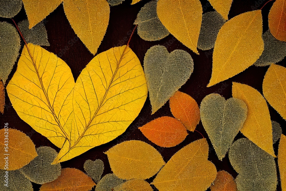 覆盖着霜冻的心形黄色桦树叶子。情人节概念。