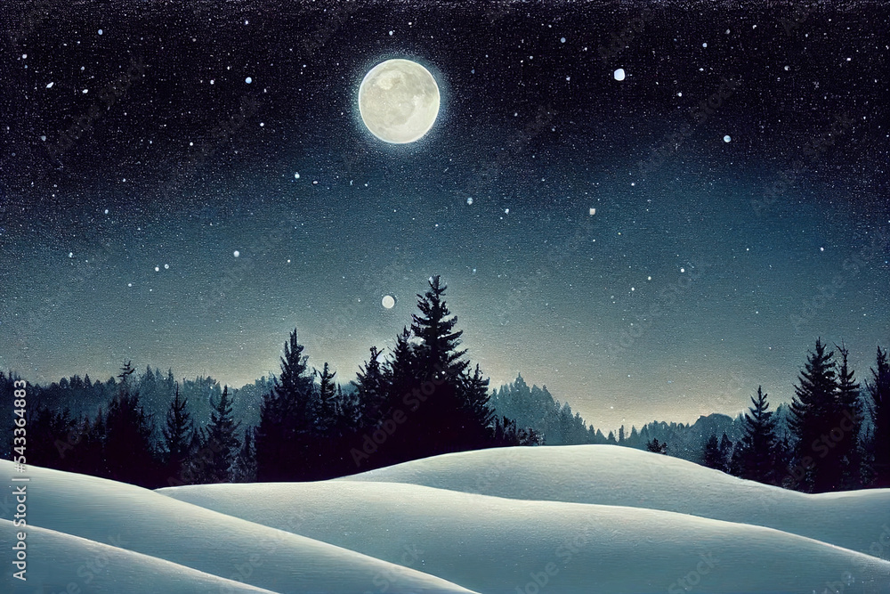 满月从覆盖着新鲜积雪的冬季森林上空升起。一瞬间出现了奇妙明亮的乳白色。