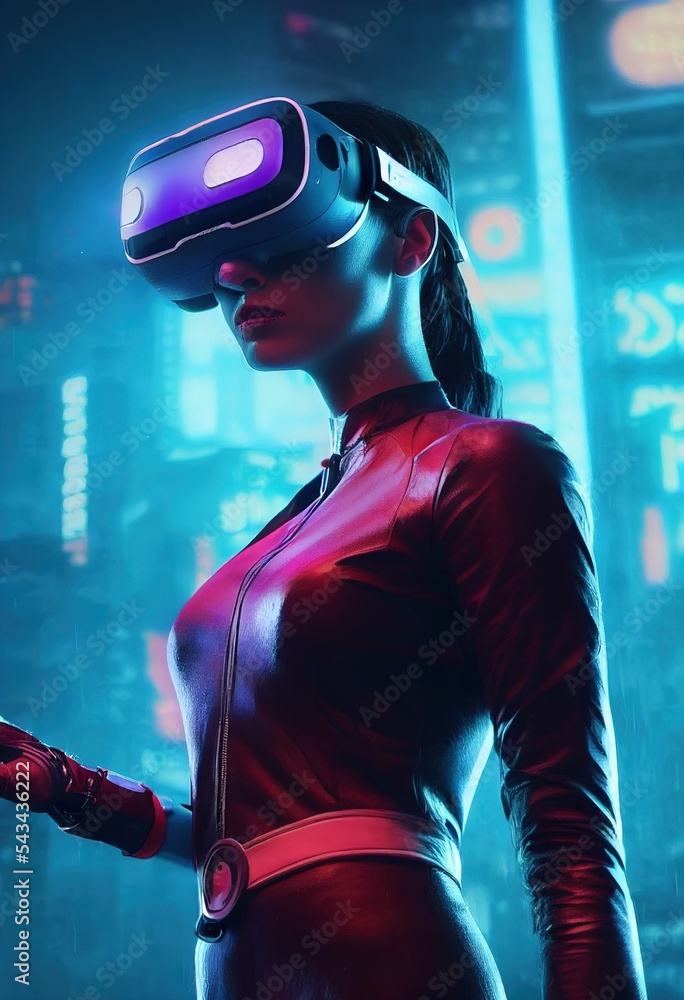 赛博朋克世界中壮观的未来主义女性，带着带有发光紫外线的VR耳机肖像