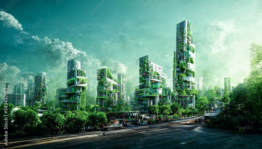具有垂直森林概念的壮观环境意识城市，大都市覆盖着gre