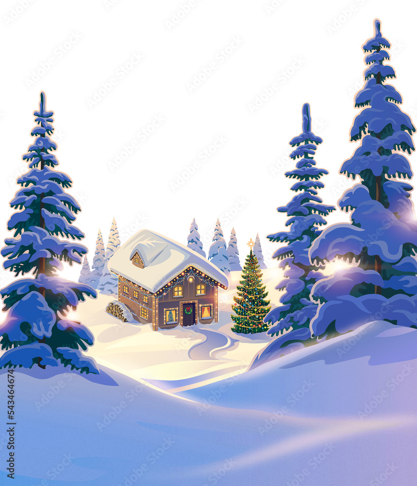 冬天的风景，有一个姜饼屋，与背景隔开，孤立的物体。圣诞节