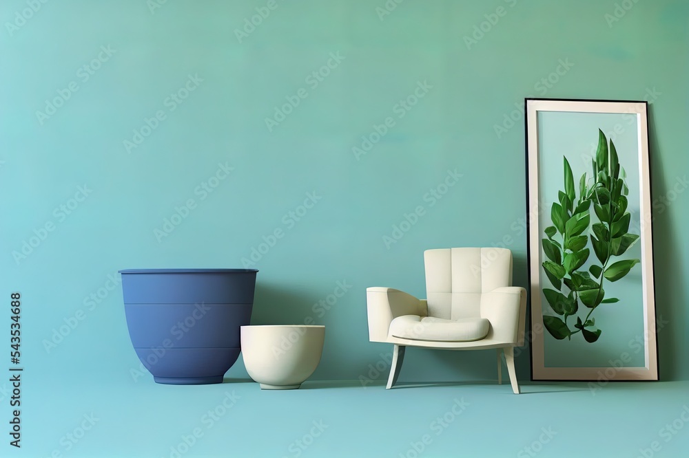 Creative interior design in green studio with plant pot and armchair. Pastel blue and white color ba