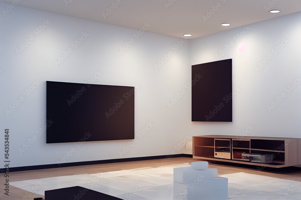 白色墙壁背景，带电视柜的现代客厅装饰。3D效果图