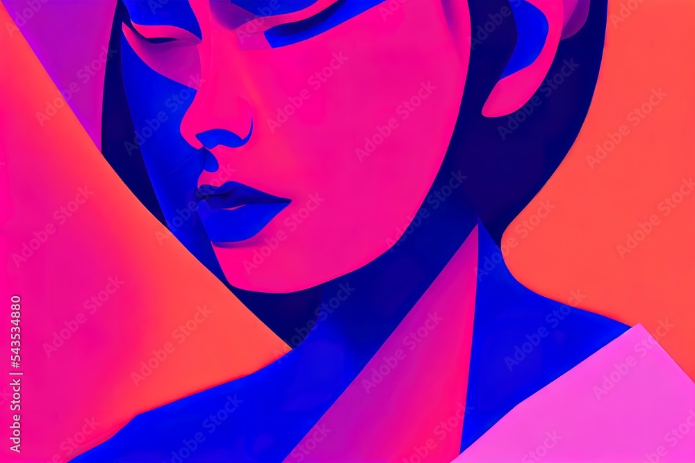 3d渲染。粉蓝色霓虹灯下的抽象女性肖像。破碎鹅卵石的线性艺术