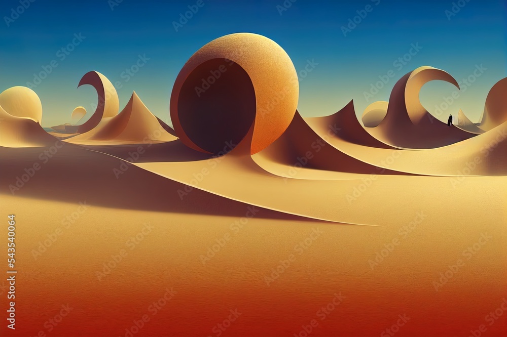 3d渲染，抽象的梦幻背景。沙漠景观下的沙子和镜子拱门