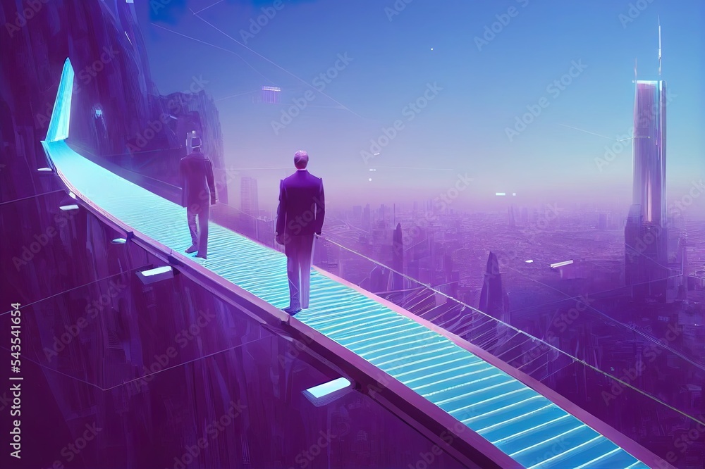人类走在通往未来元宇宙智能城市的数字桥梁上的高角度视角，蓝色和紫罗兰色