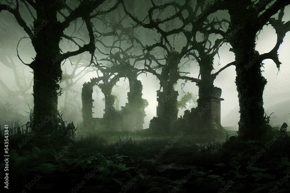 一座长满常春藤的奇幻中世纪寺庙的黑暗神秘废墟。3D渲染。